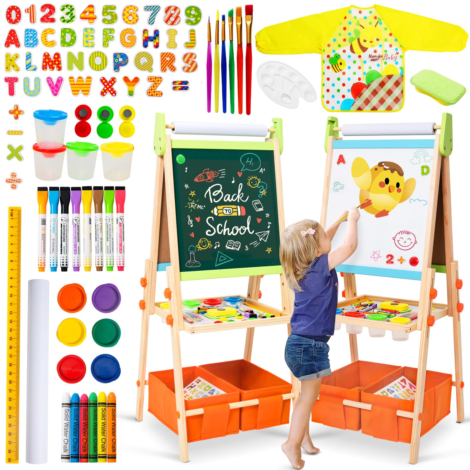 Kids Easel Including 100+ Accessories, Rundad Double Sided Wooden Easel for Kids Age 3-8 with Magnetic Chalkboard & Painting Board, Free Height Adjustable Art Easel Supplies for Toddlers