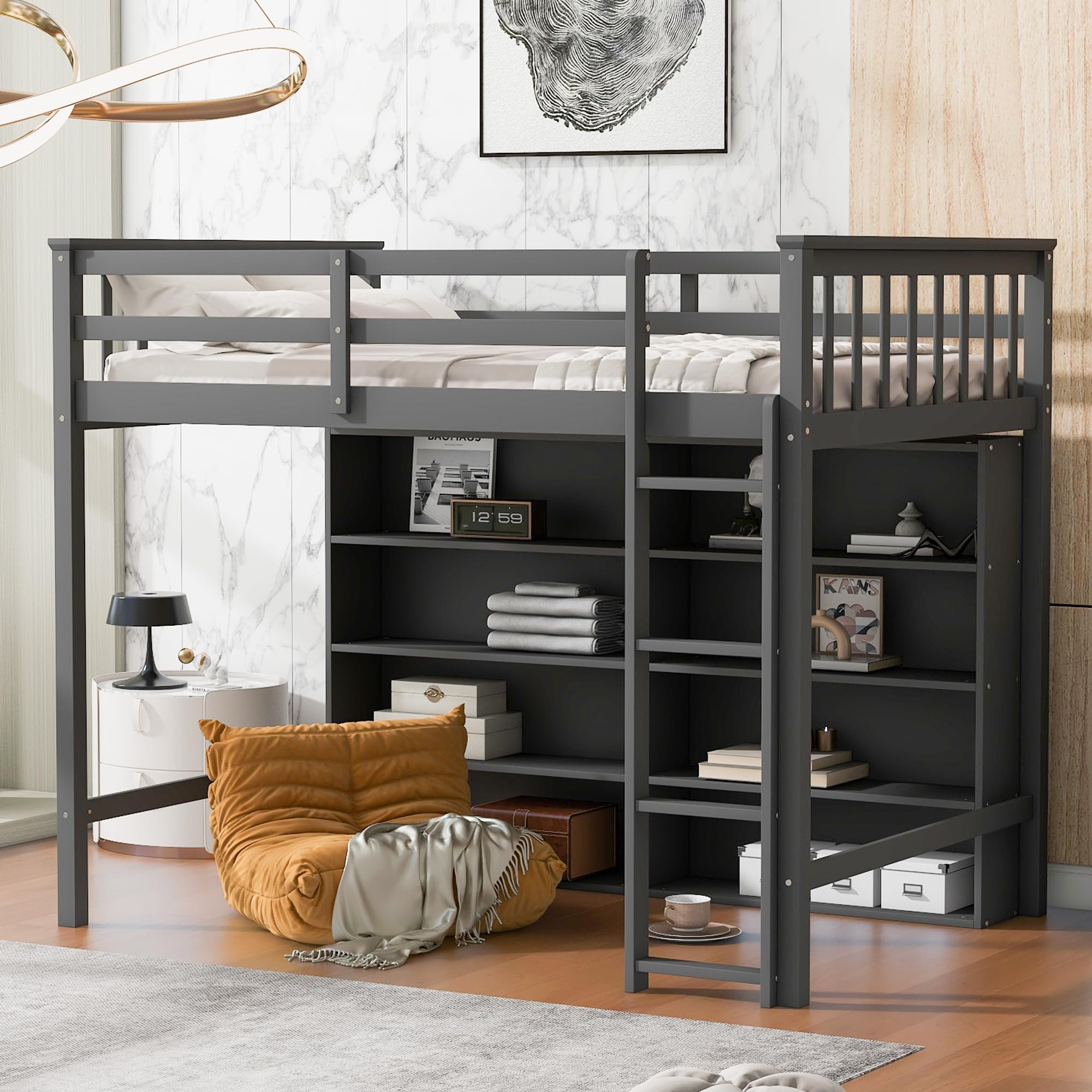 SOFTSEA Twin Size Grey Loft Bed with Open Storage and Ladder for Kids