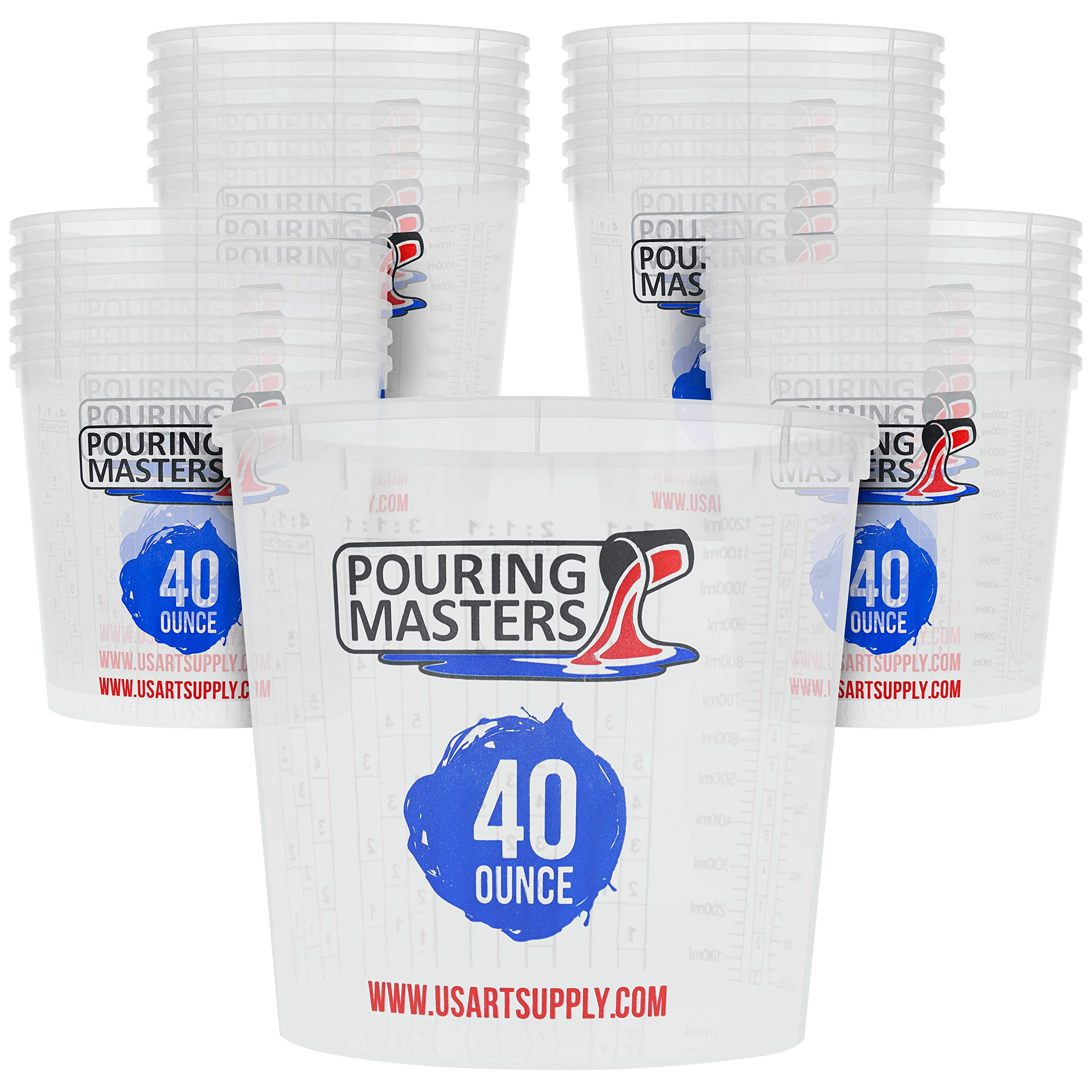 Pouring Masters 40 Ounce (1200ml) Graduated Plastic Mixing Cups (Box of 24) – Use for Paint, Resin, Epoxy, Art, Kitchen, Cooking, Baking –