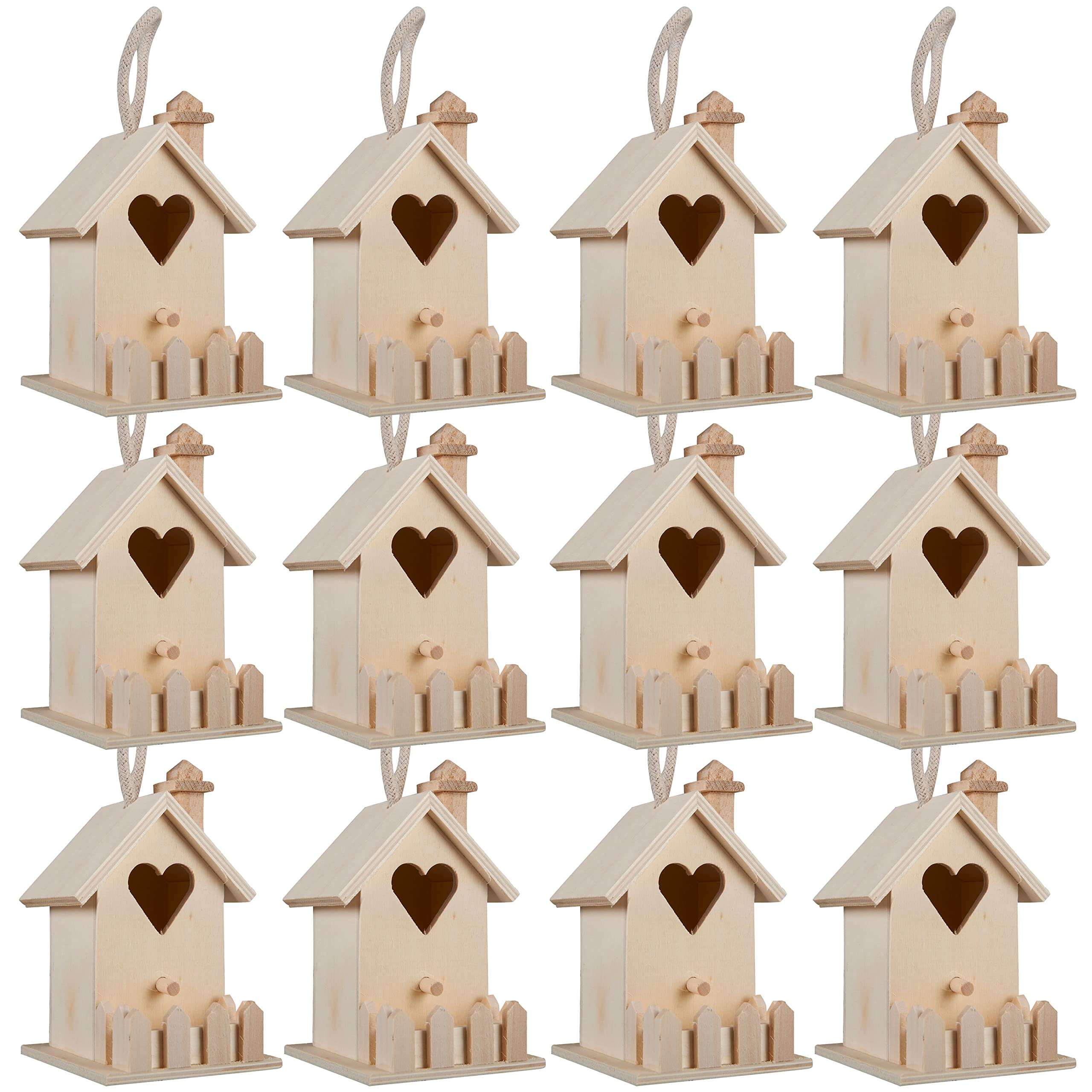 4.7″ Heart & Fence Birdhouse by Make Market – Unfinished Hanging Birdhouse Made of 100% Wood, Outdoor Nesting Boxes – Bulk 12 Pack