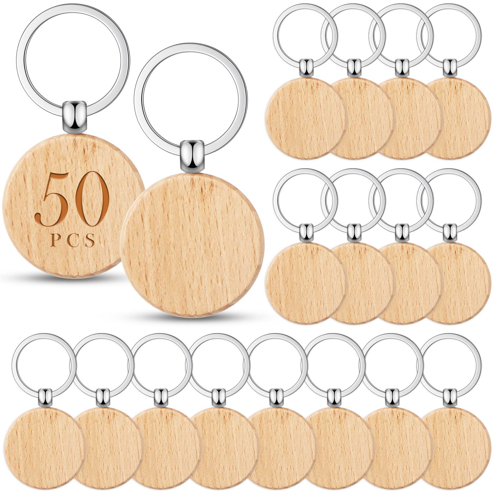 50 Pieces Wooden Keychain Blanks Laser Engraving Blanks Wood Blanks Key Chain Bulk Unfinished Wooden Key Ring Key Tag for DIY Gift Crafts (Round)