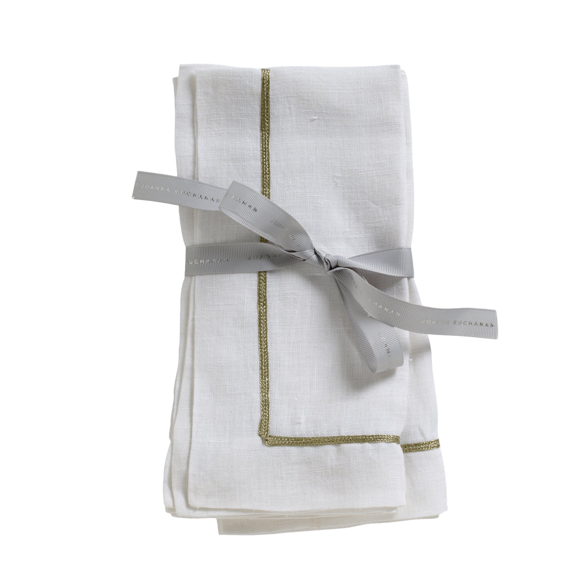 Gold Trim Linen Dinner Napkins, White, Set Of Two