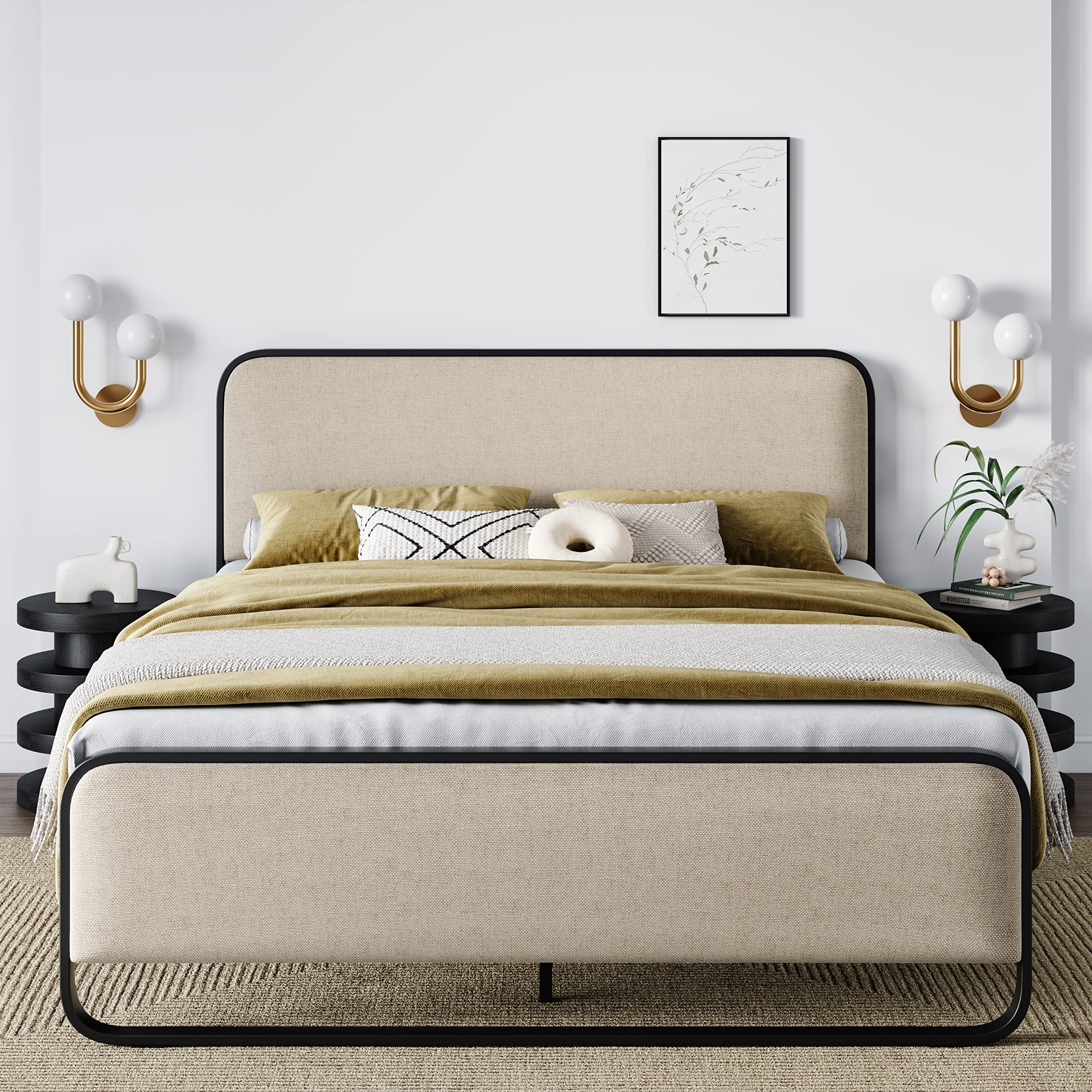 Elegant Beige Curved Upholstered Queen Size Metal Bed Frame with Under-Bed Storage