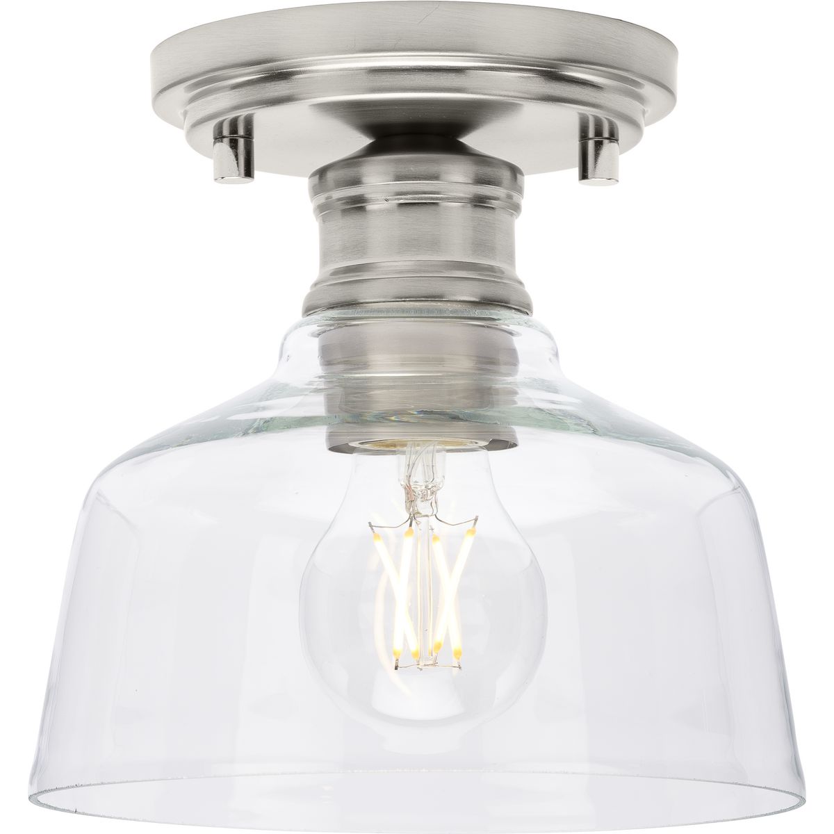 PROGRESS LIGHTING P350226-009 Singleton Collection One-Light 7.62″ Brushed Nickel Farmhouse Small Semi-Flush Mount Light with Clear Glass Shade in Brushed Nickel