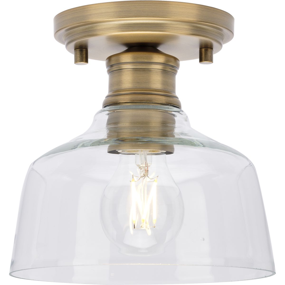 PROGRESS LIGHTING P350226-163 Singleton Collection One-Light 7.62″ Vintage Brass Farmhouse Small Semi-Flush Mount Light with Clear Glass Shade in Vintage Brass