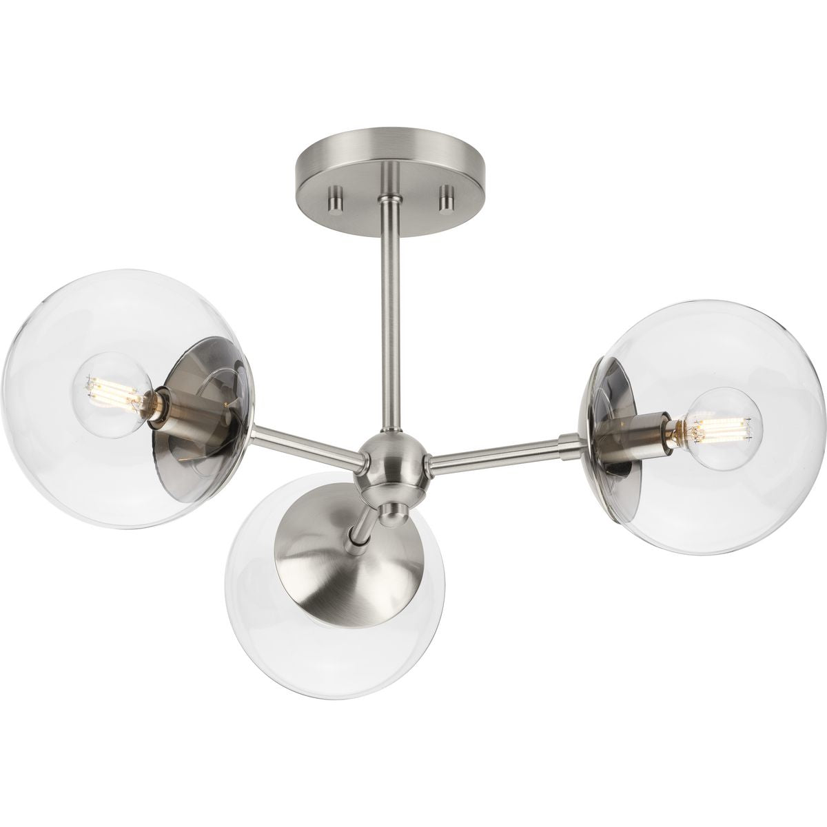 PROGRESS LIGHTING P350235-009 Atwell Collection Three-Light Brushed Nickel Mid-Century Modern Semi-Flush Mount in Brushed Nickel