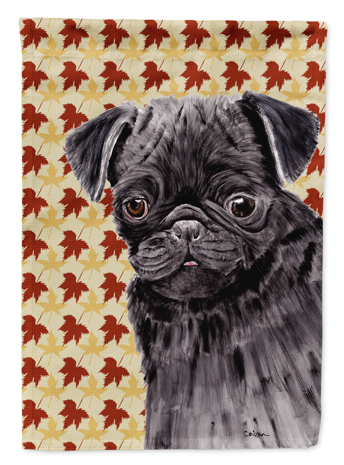 Pug Black Fall Leaves Portrait Flag Garden Size