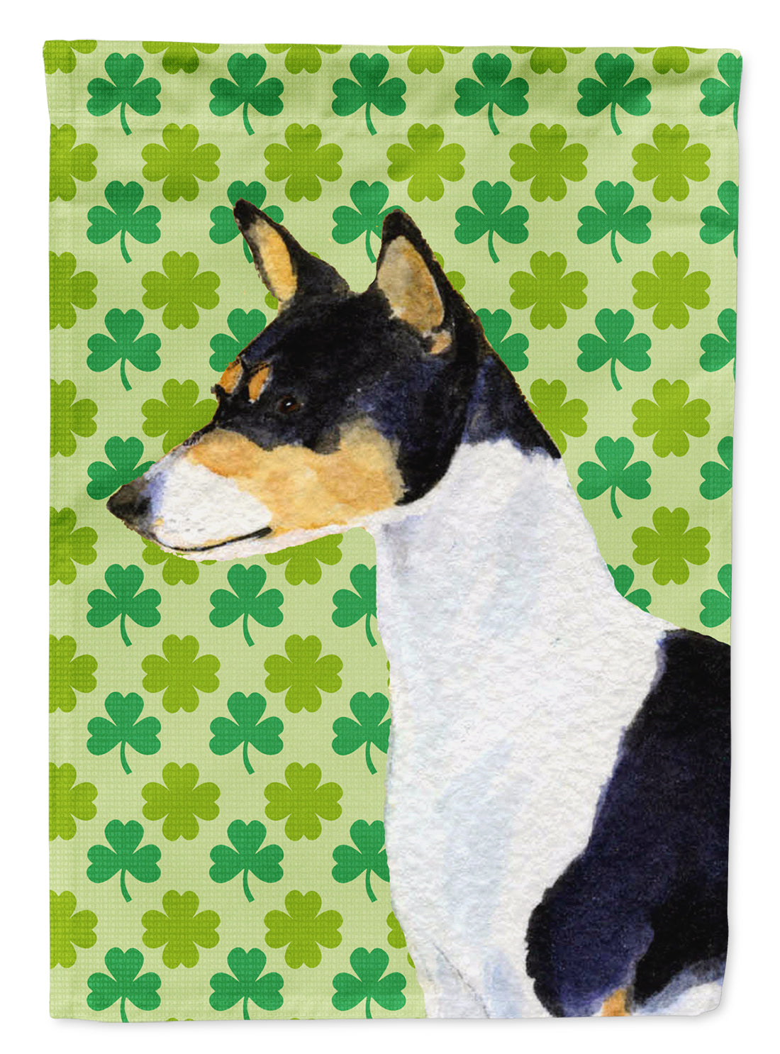 Basenji St. Patrick’s Day Shamrock Portrait Flag Garden Size