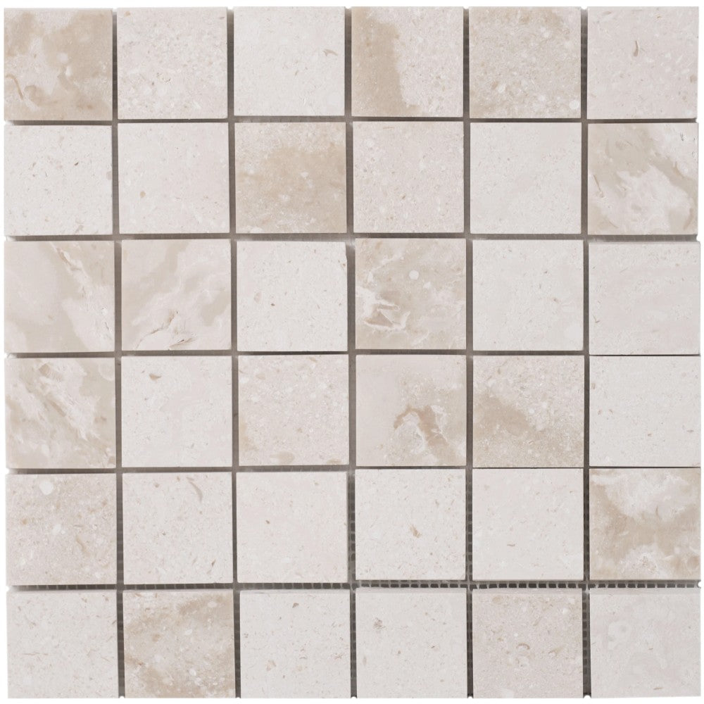 Shell Stone Limestone 2″x2″ Honed on 12″ x 12″ Mesh Mosaic Tile