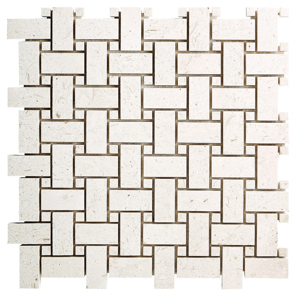 Shell Stone Limestone Basketweave Design on 12″ x 12″ Mesh Mosaic Tile