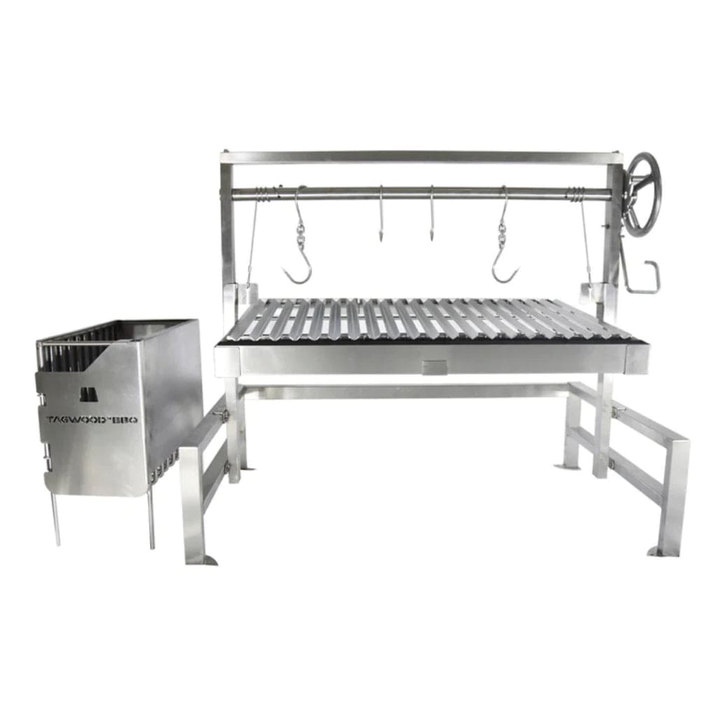 Tagwood BBQ Argentine Santa Maria BBQ09SS 40″ Insert Style Stainless Steel Wood Fire and Charcoal Gaucho Grill With Round Grate and Frontal Wheel Height Adjustable System