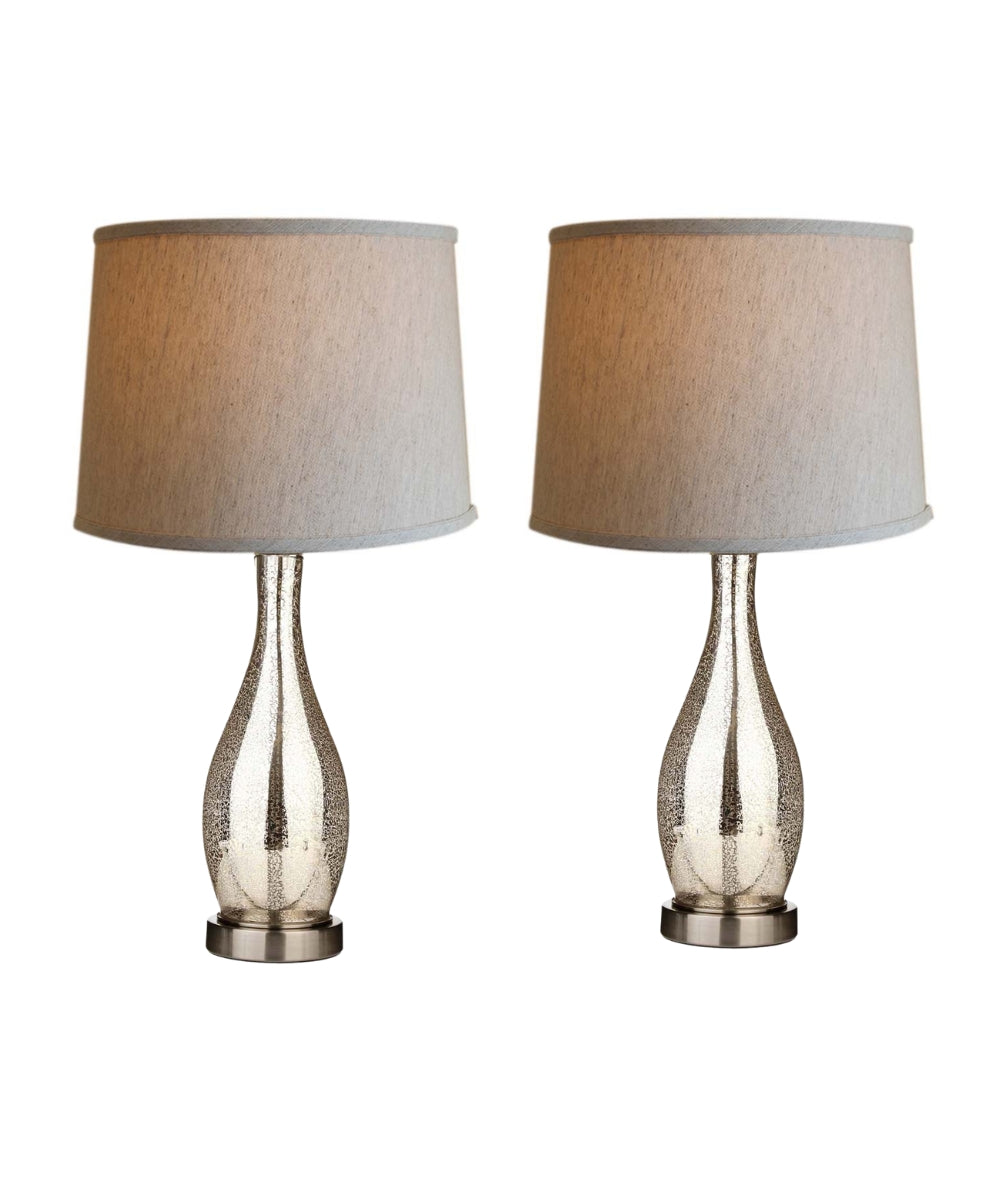 27″ Teardrop Lamp Base 2 Pack, Mercury Silver/Gold Glass Table Lamp Set with Natural Shades