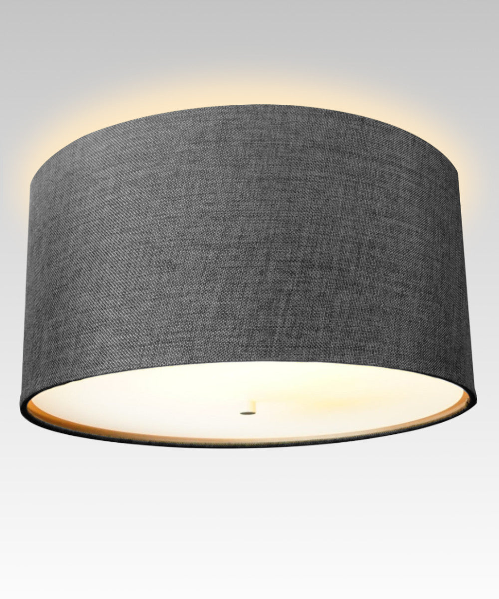 14″W Moderne Flush Mount Conversion Kit  Granite Gray Burlap Hardback Drum Lampshade