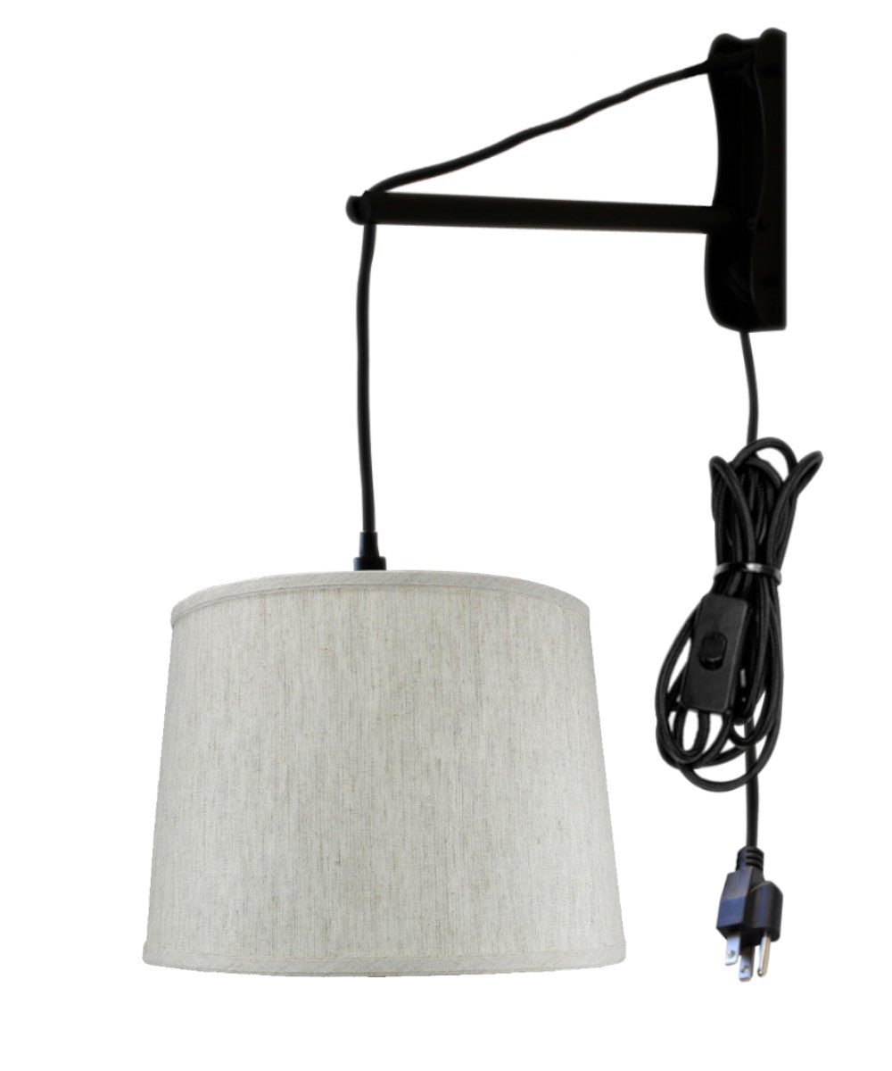 14″W MAST Plug-In Wall Mount Pendant 1 Light Black Cord/Arm Textured Oatmeal Shade