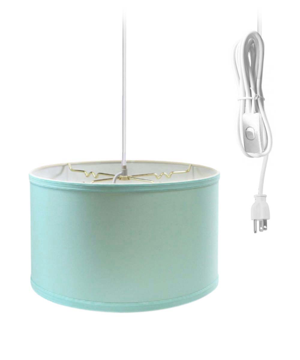 1 Light Swag Plug-In Pendant 16″w Island Paradise Linen Drum Shade, 17′ White Cord