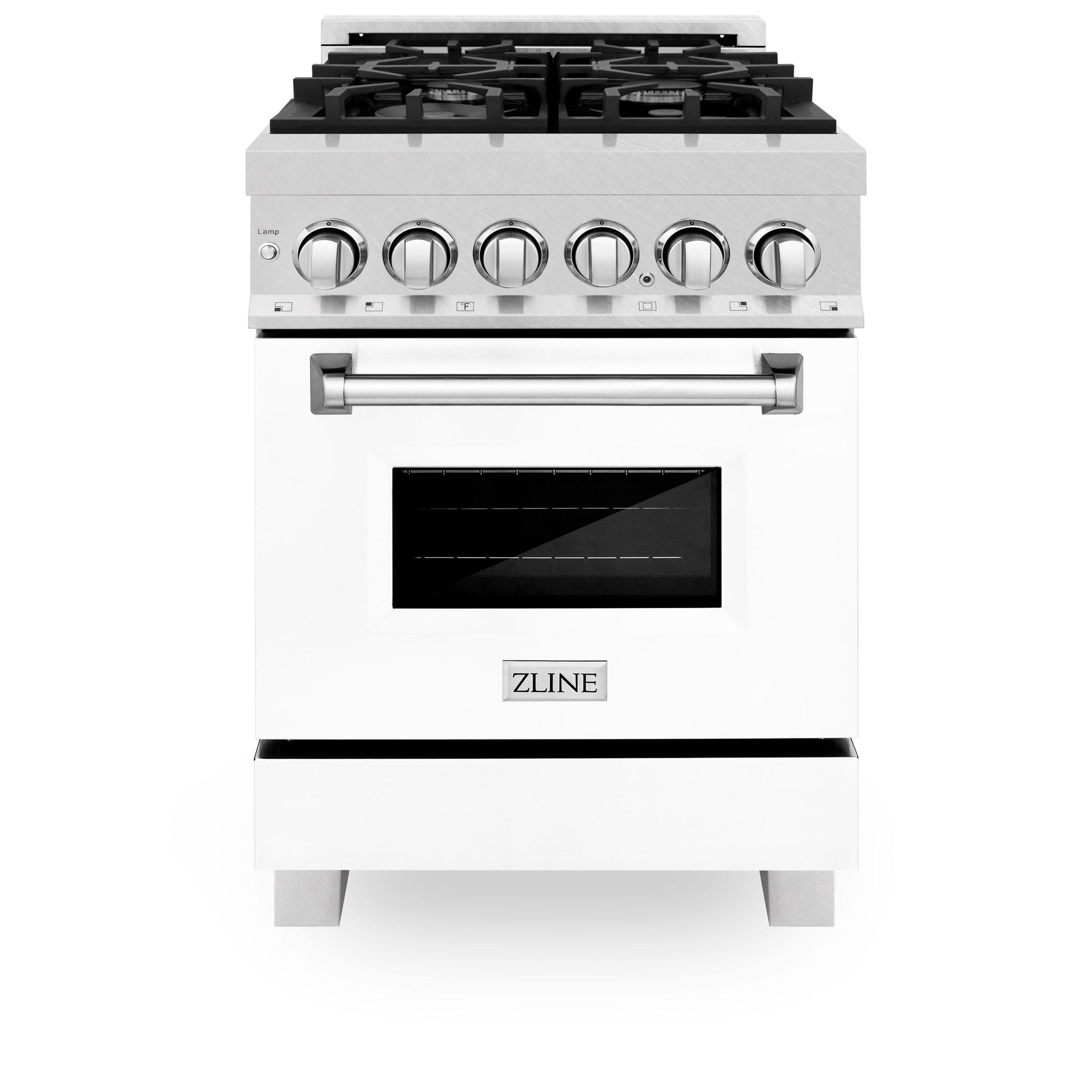 ZLINE 24 in. 2.8 cu. ft. Legacy Dual Fuel Range with 4 Burner Gas Cooktop and Electric Convection Oven [Color: DuraSnow With White Matte Door]